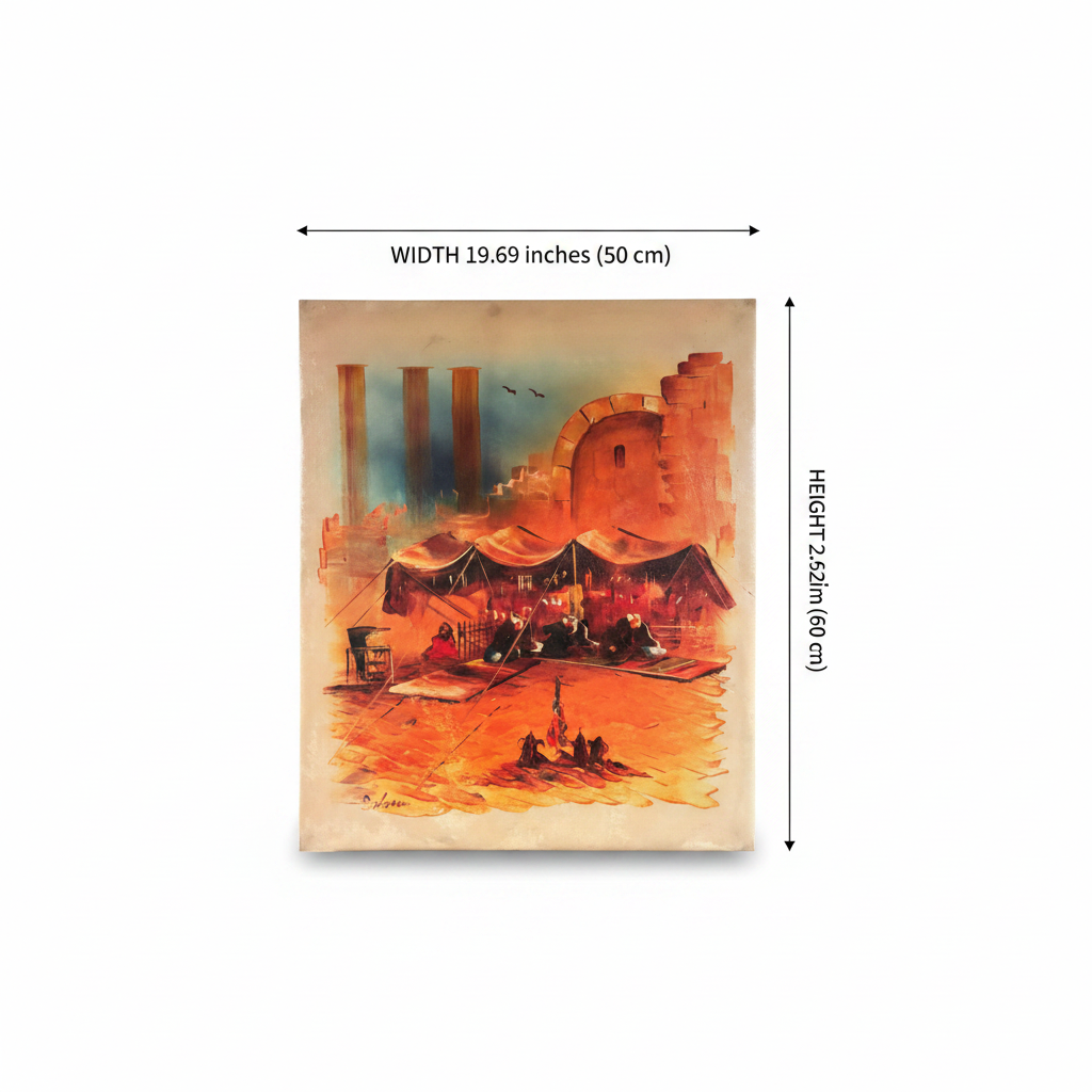 Dimension diagram showing 19.69 inches wide by 23.62 inches tall (50cm × 60cm) for desert encampment oil painting