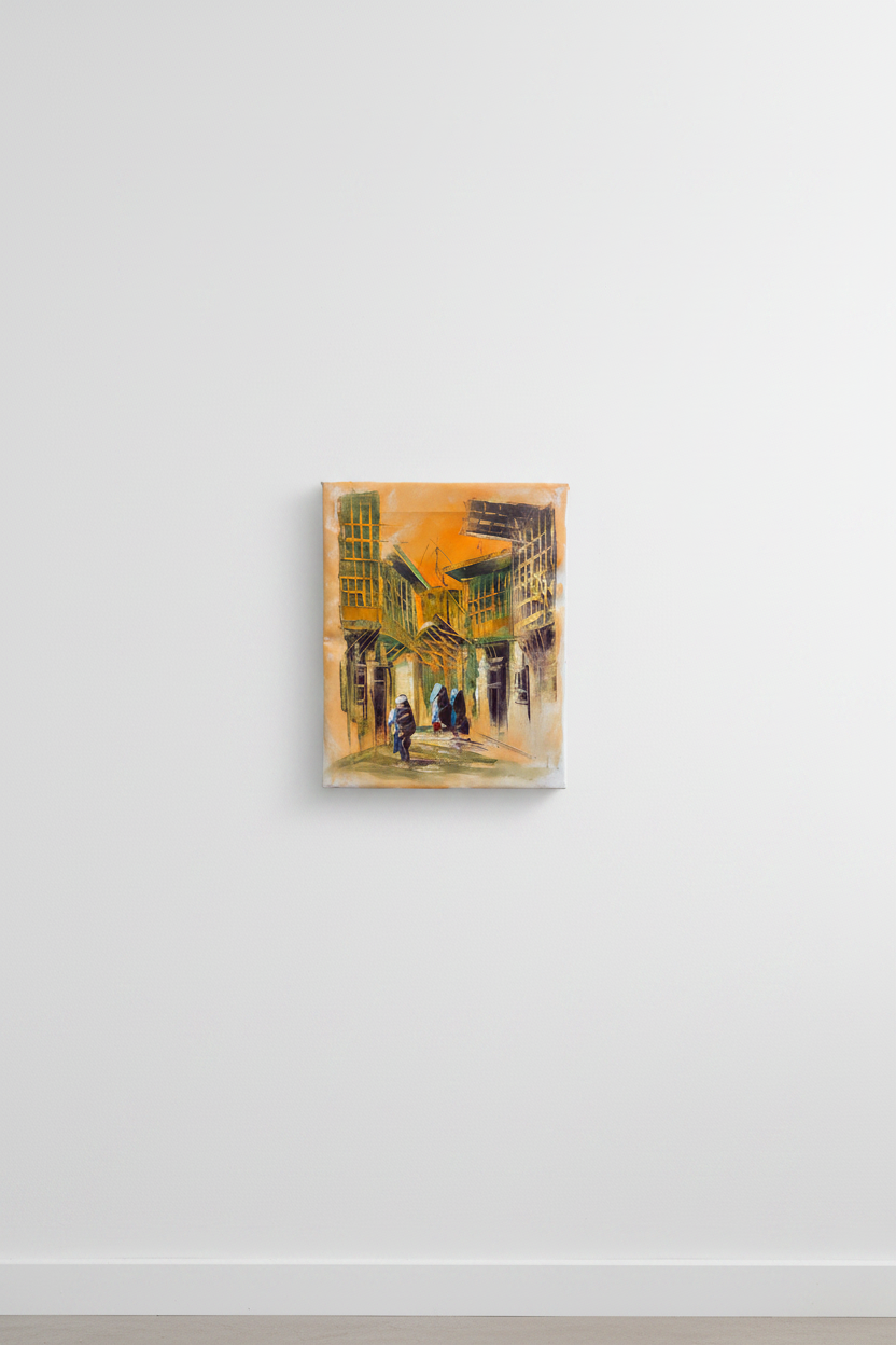 Original Middle Eastern market street impasto canvas displayed unframed on clean empty white wall