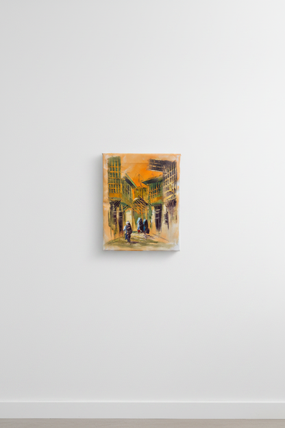 Original Middle Eastern market street impasto canvas displayed unframed on clean empty white wall