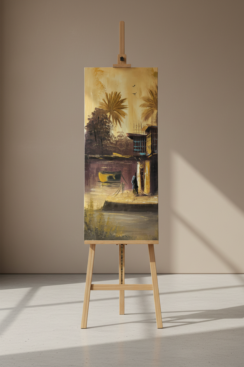 Original oil painting displayed on an art easel stand in a studio setting