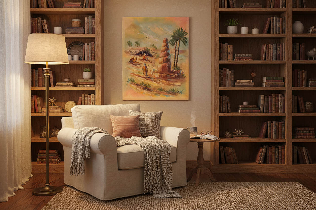 Ancient Desert Minaret painting displayed in leaving room lifestyle setting