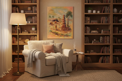 Ancient Desert Minaret painting displayed in leaving room lifestyle setting