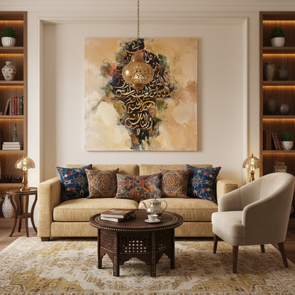 Frameless square Arabic calligraphy canvas art displayed in sophisticated dining area