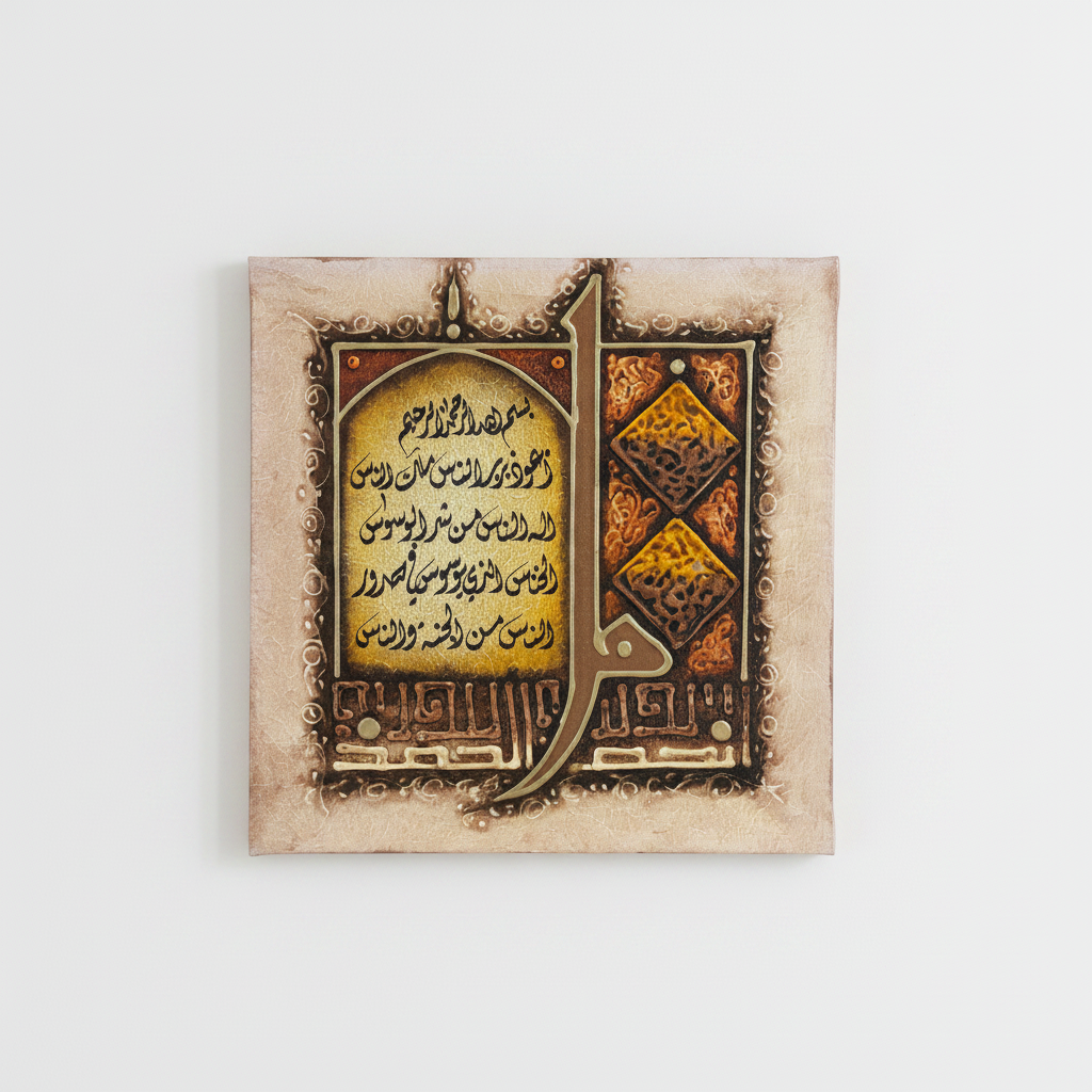 Surah Al-Nas canvas hung on empty white wall