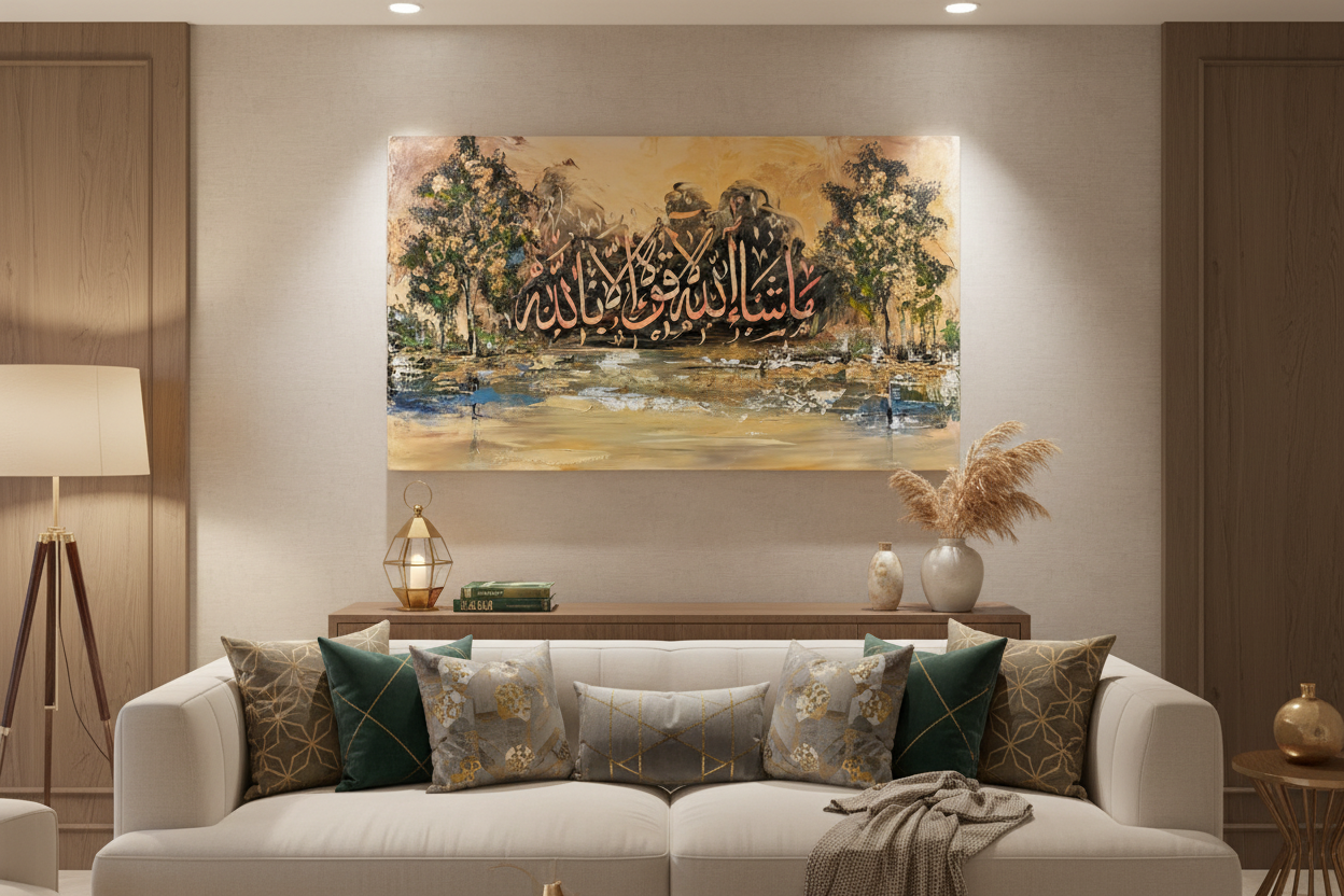 Masha Allah La Quwwata Illa Billah canvas displayed in a modern living room above sofa