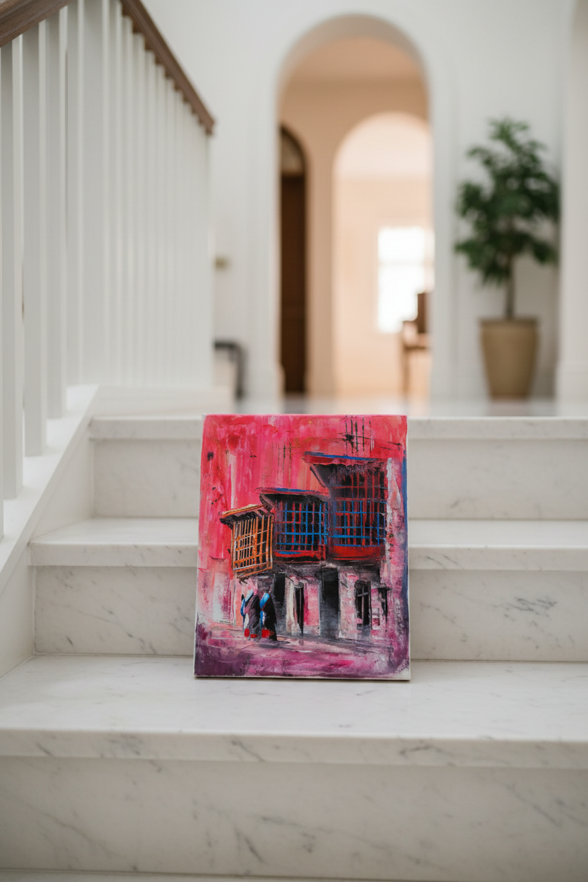 Original pink shanasheel impasto oil painting leaning on marble staircase step in luxury home interior