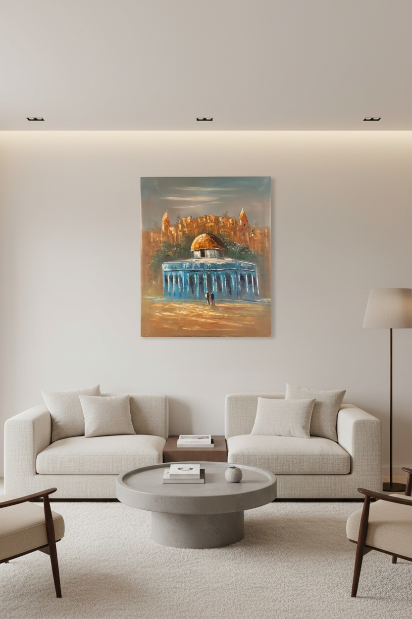 Al-Aqsa Mosque and Dome of the Rock oil painting mounted on empty wall in a modern luxury living room
