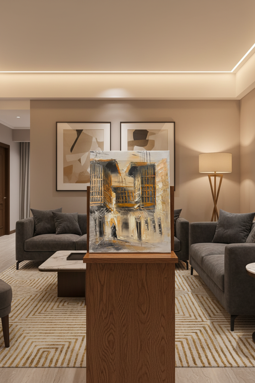 Golden balconies old town oil painting on wooden art stand in modern living room – no frame