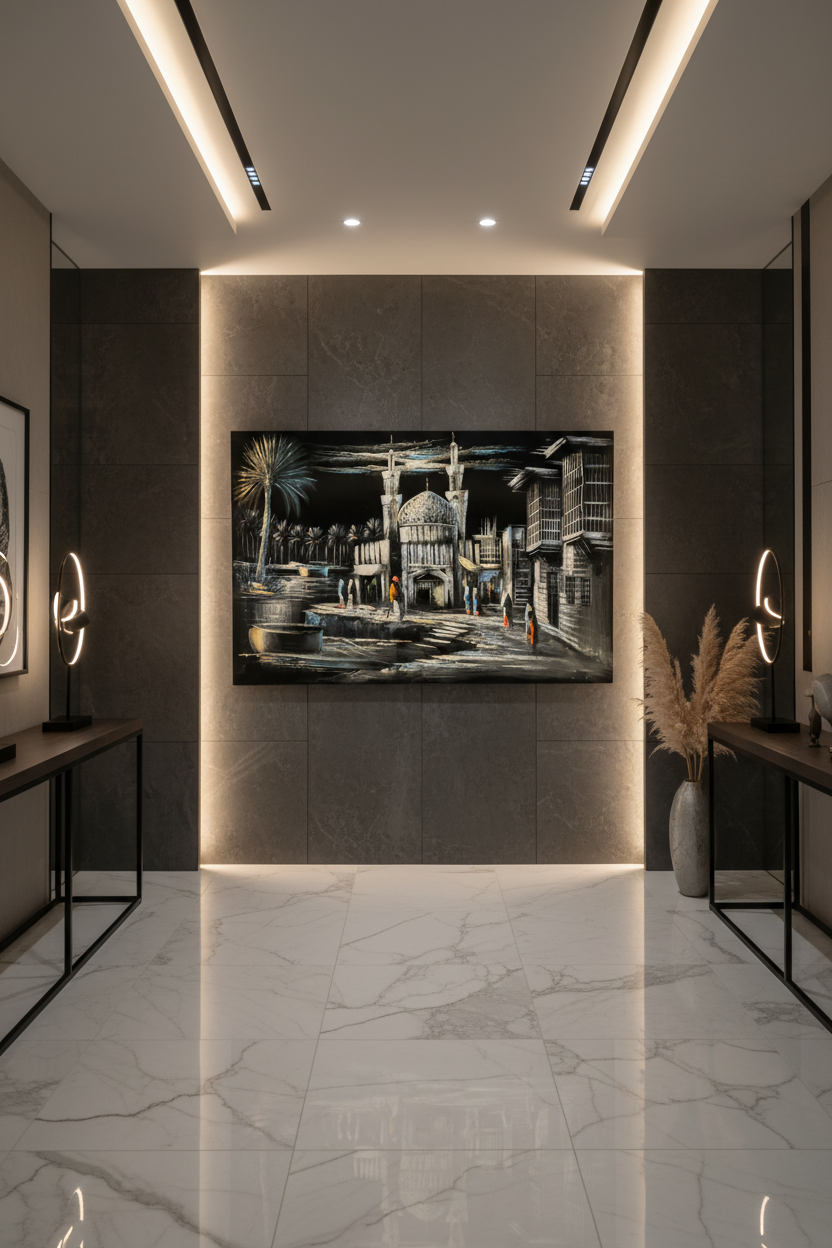 Islamic mosque canvas art in elegant hallway — lifestyle interior mockup