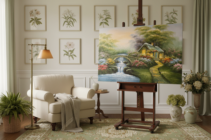 Original enchanted cottage garden oil painting on a wooden easel stand in a warm traditional floral living room, unframed canvas at correct scale