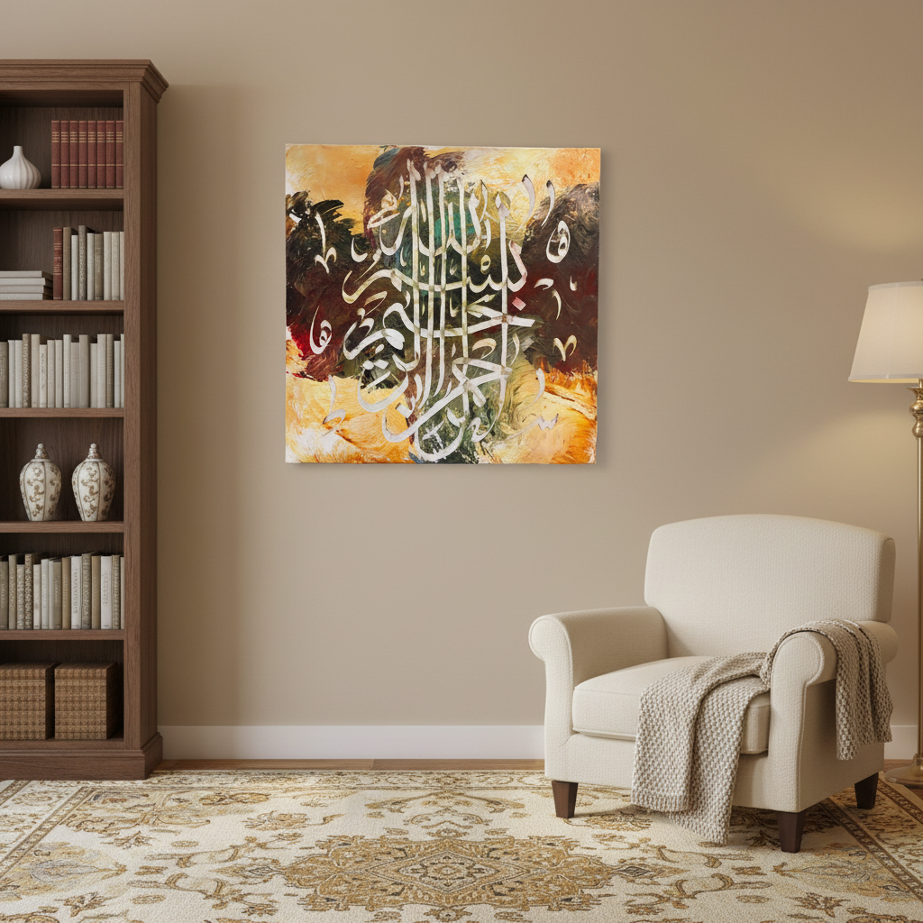 Bismillah forest green amber square canvas art displayed in a cozy living room corner, no frame