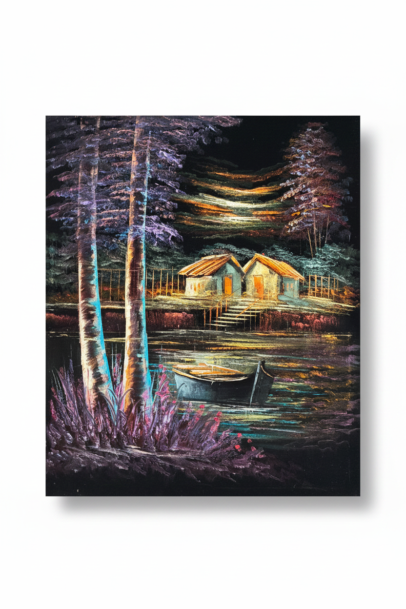Tranquil lakeside village night scene canvas art on white background with drop shadow – 20x24 inches product shot