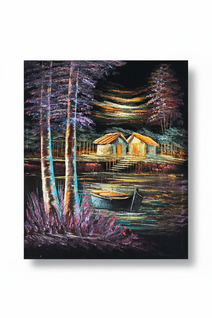 Tranquil lakeside village night scene canvas art on white background with drop shadow – 20x24 inches product shot