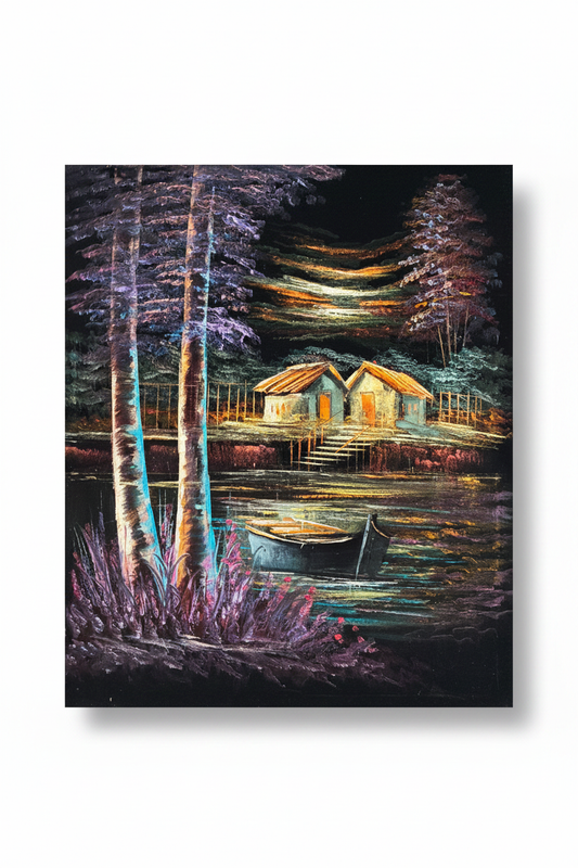 Tranquil lakeside village night scene canvas art on white background with drop shadow – 20x24 inches product shot