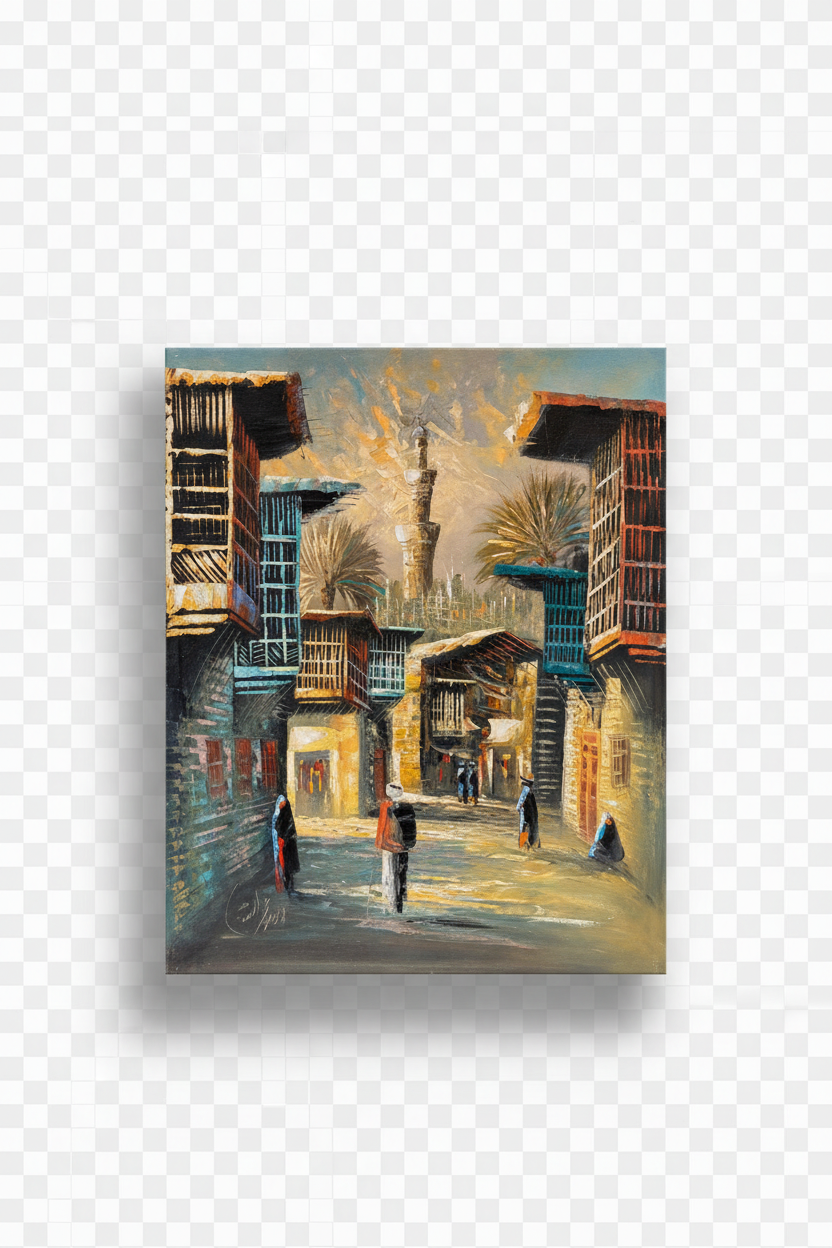 Original oil painting isolated on white background with shadow — Middle Eastern old city street scene