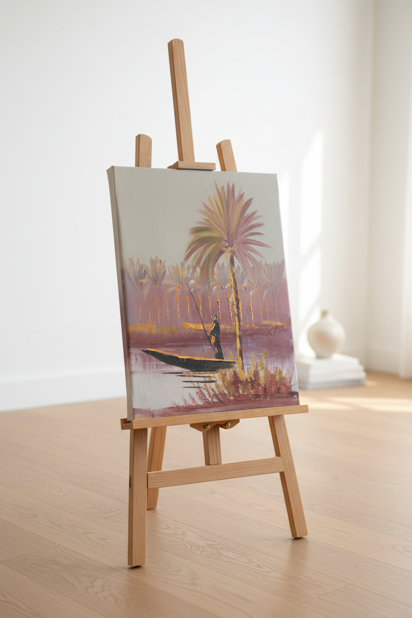 Original riverside palm and fisherman oil painting displayed on wooden easel stand in bright modern interior