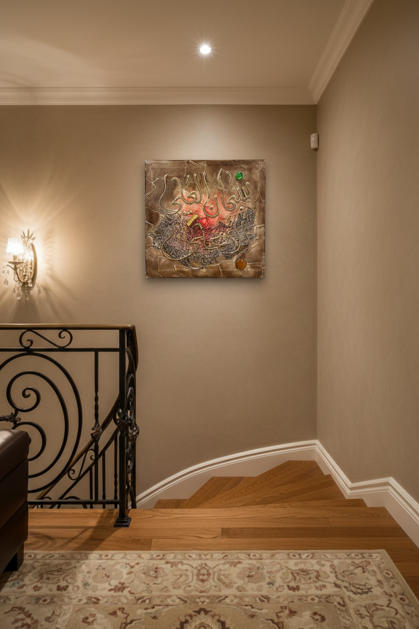 Islamic calligraphy bronze gold wall art displayed on staircase wall