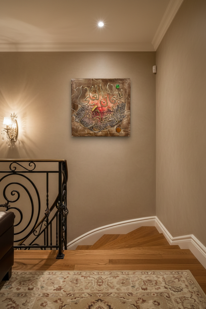 Islamic calligraphy bronze gold wall art displayed on staircase wall