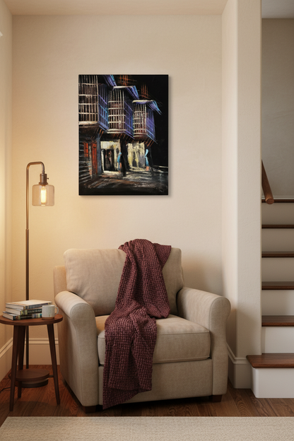 Ancient Alleyway at Night oil painting displayed on cream wall in cozy reading nook near staircase — lifestyle interior staging