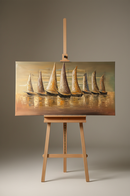 Seagoing Dhows painting displayed on wooden easel stand – lifestyle product view