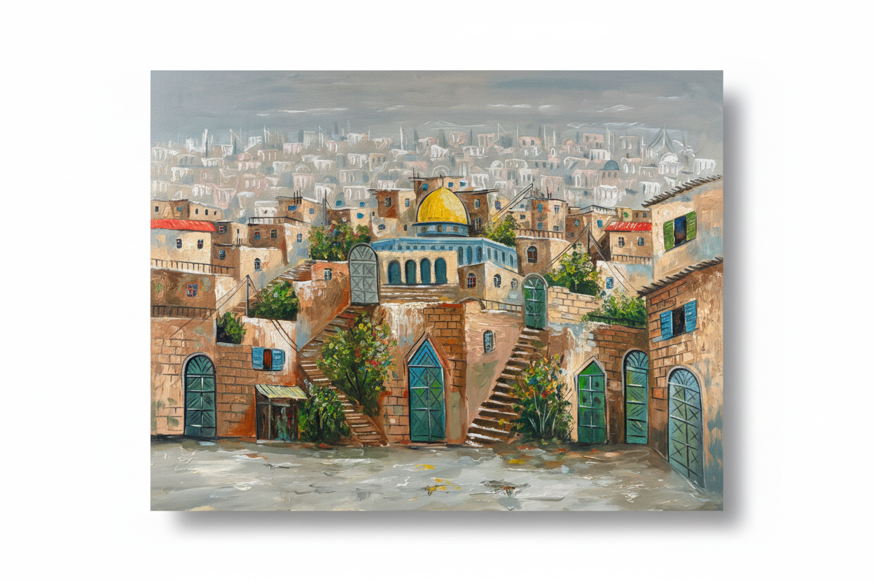 Jerusalem Old City oil painting on white background with shadow – studio presentation
