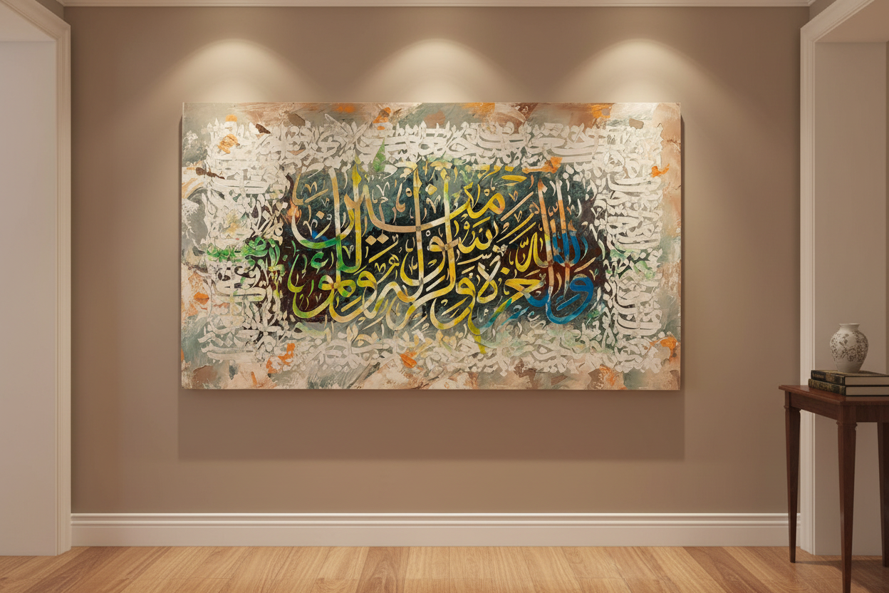Wallahu Wa Rasuluhu arabesque lace canvas displayed in an elegant hallway