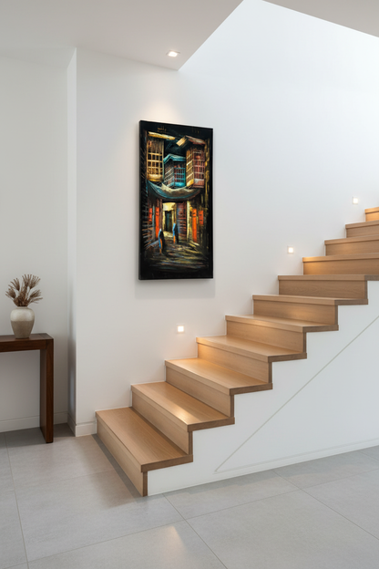Crescent arch alley painting displayed on staircase wall in luxury home interior
