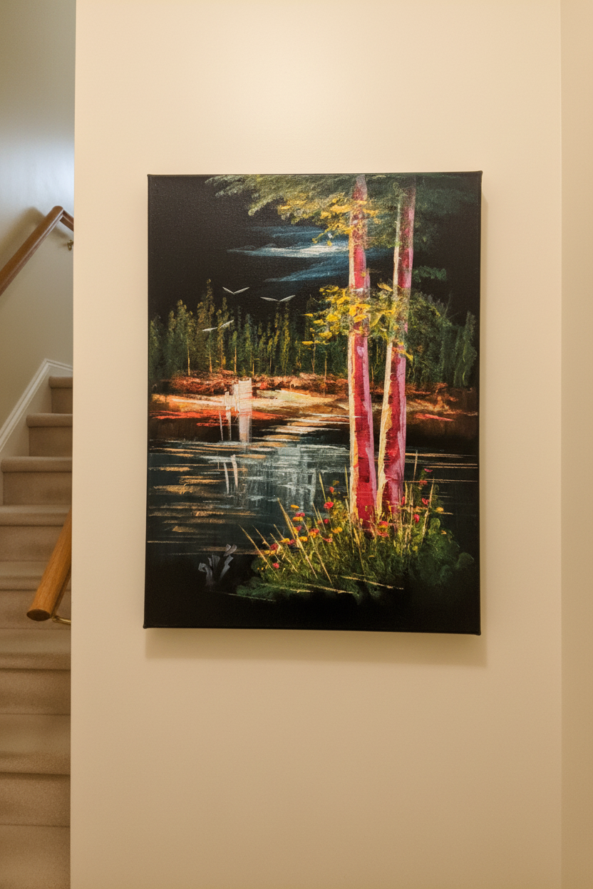 Birch Trees by the Lake at Night oil painting on cream white wall in intimate hallway near staircase — no frame, lifestyle interior staging