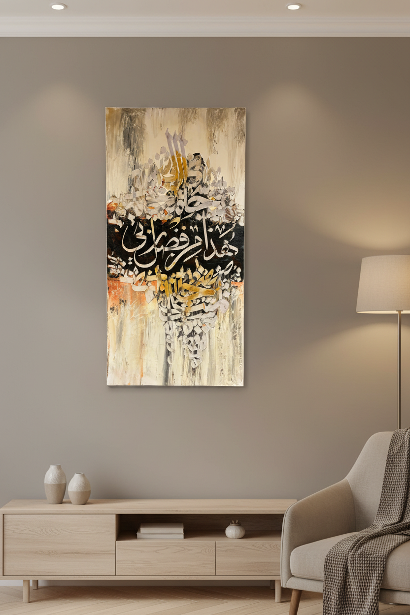 Hatha Min Fadli Rabbi Islamic calligraphy canvas art displayed in a luxury living room – lifestyle mockup, no frame