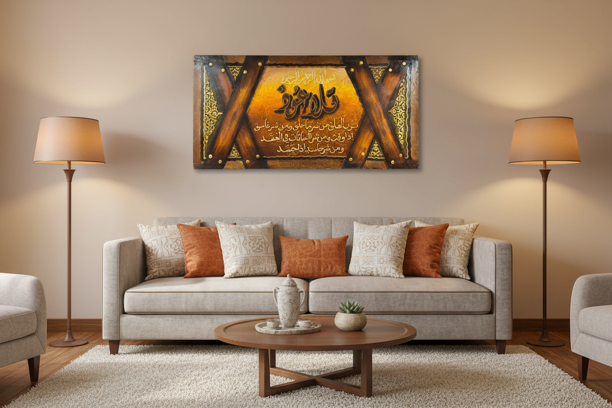 Surah Al-Falaq wood frame canvas displayed in a modern living room above sofa