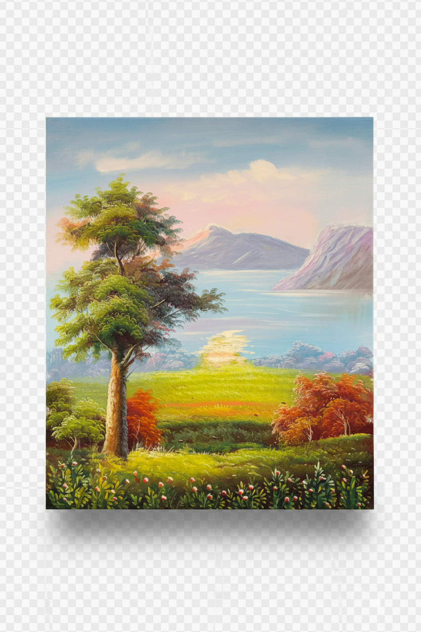 Serene lakeside landscape oil painting isolated on transparent background with natural drop shadow