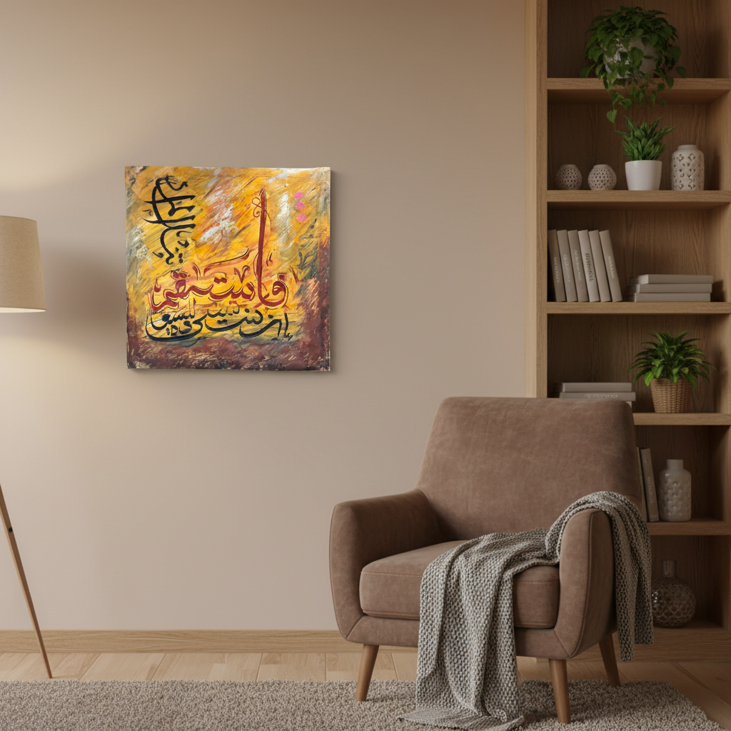 Islamic calligraphy golden yellow amber square canvas art displayed in a cozy living room corner, no frame