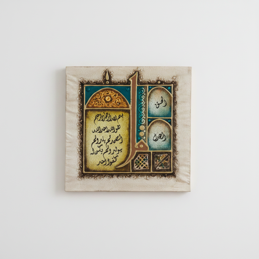 Al-Haqq Al-Adl Islamic calligraphy canvas hung on empty white wall