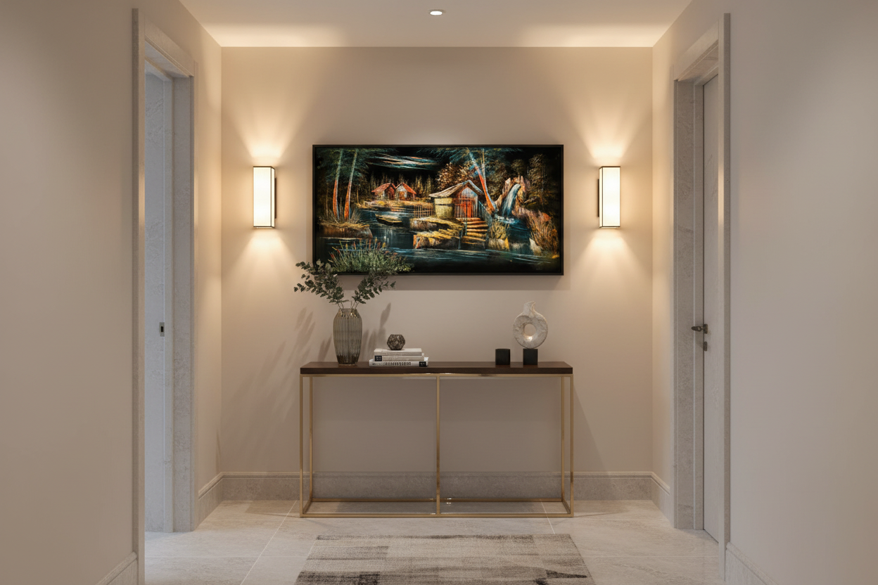 Forest waterfall cabin night scene canvas wall art displayed in elegant hallway