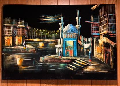 Iraqi Old City Mosque Night Scene Canvas Wall Art | Teal Dome Mashrabiya Heritage Print 35.4" × 23.6"