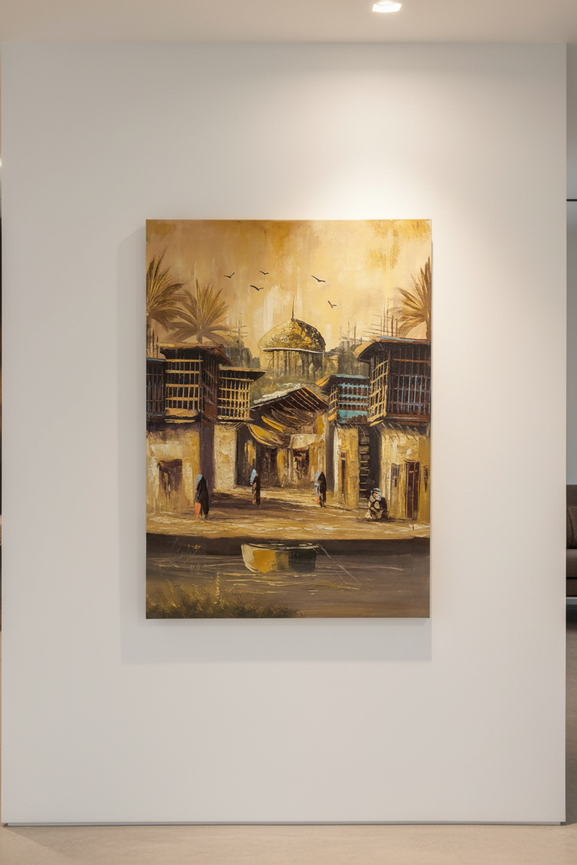 Original oil painting hung centered on a clean empty white interior wall, no frame, canvas only