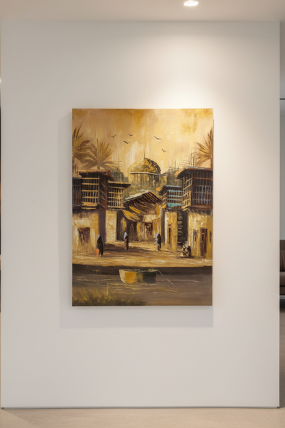 Original oil painting hung centered on a clean empty white interior wall, no frame, canvas only