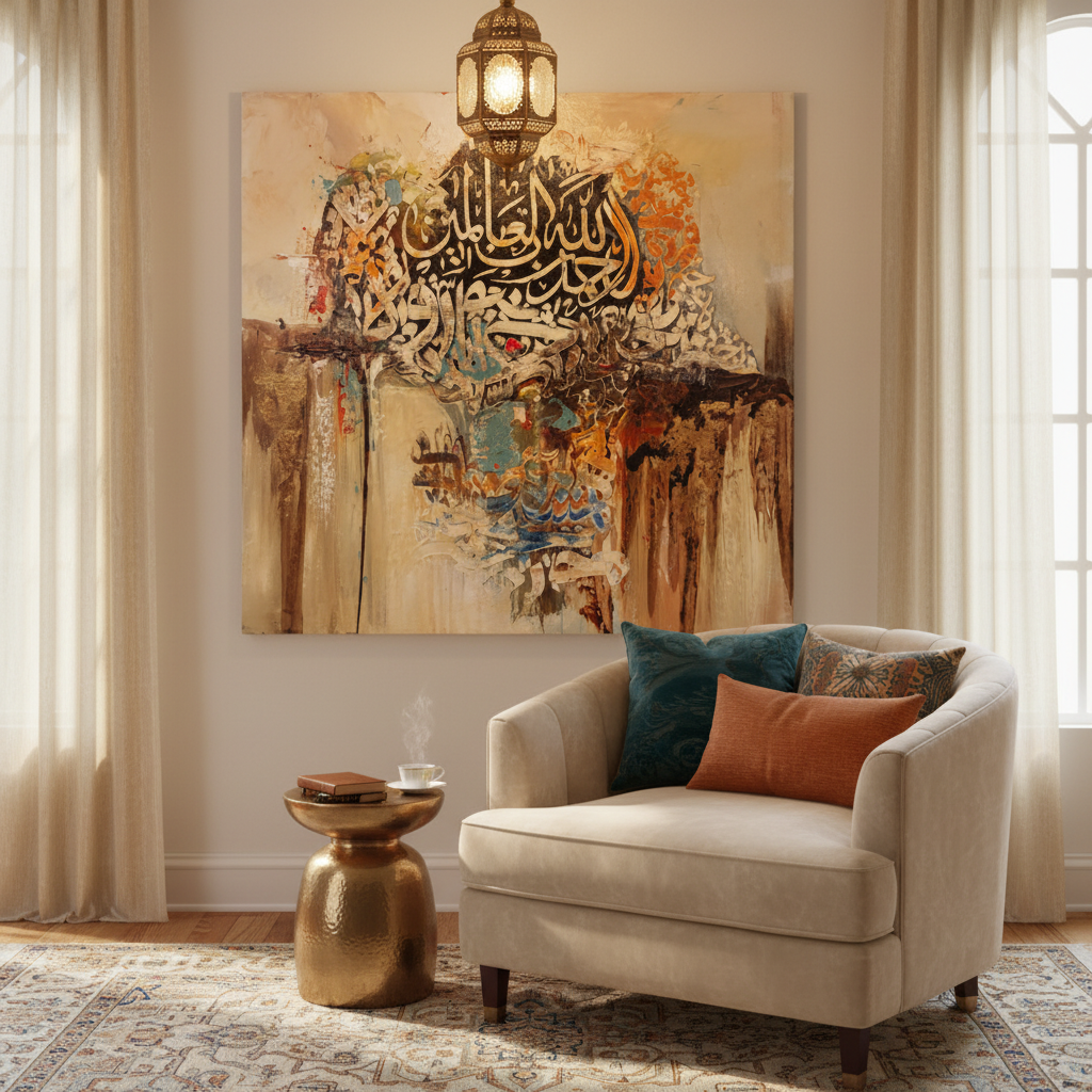 Frameless square Arabic calligraphy canvas art displayed in sophisticated dining area