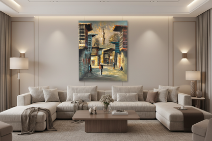 Original Middle Eastern oil painting hanging in a luxury family room — frameless wall art, 39.37 x 31.50 inches