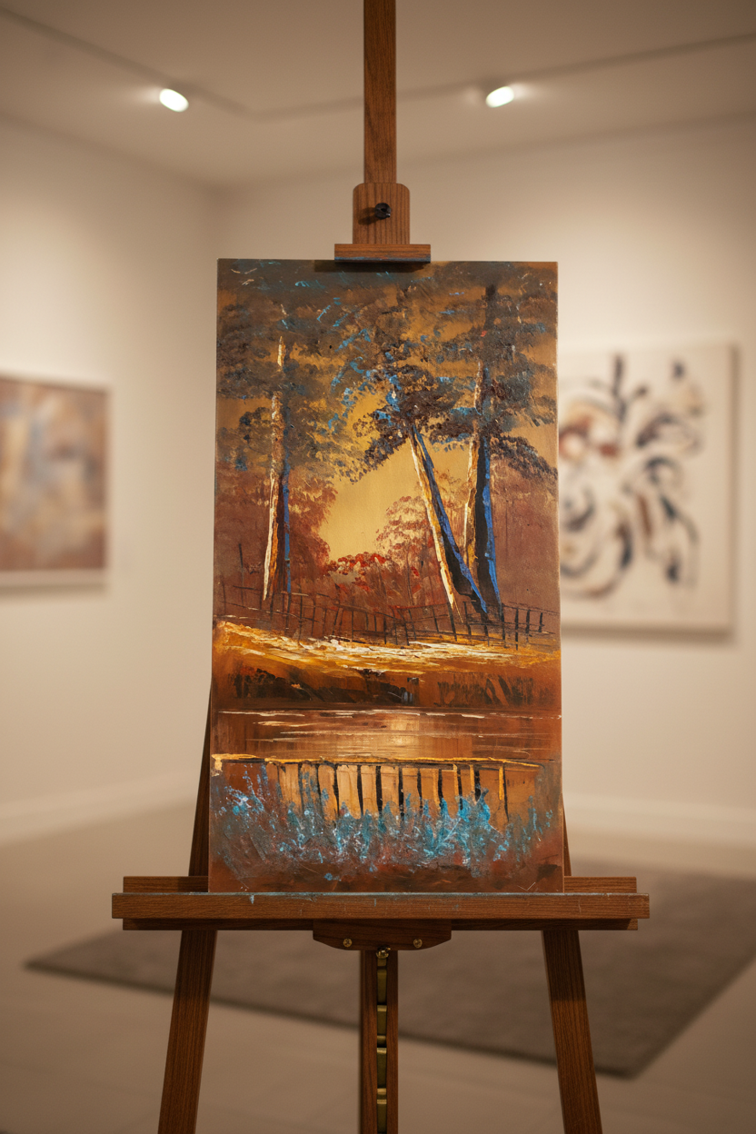 Dusk at the Woodland Fence oil painting displayed on art easel stand
