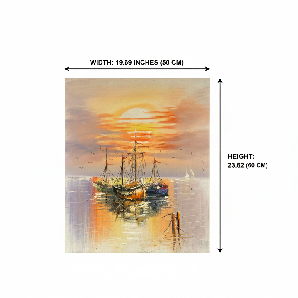 Dimension diagram showing 19.69 inches wide by 23.62 inches tall (50cm × 60cm) for sailing boats sunset oil painting
