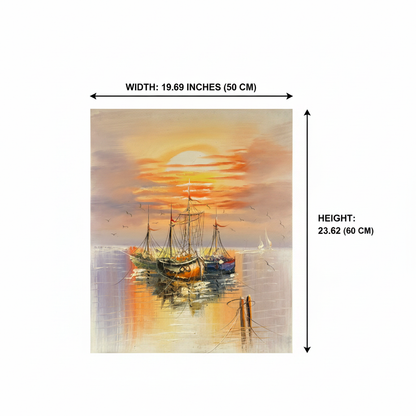 Dimension diagram showing 19.69 inches wide by 23.62 inches tall (50cm × 60cm) for sailing boats sunset oil painting