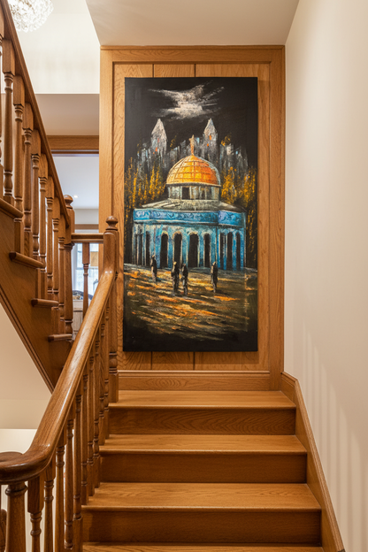 Dome of the Rock painting displayed in elegant staircase interior setting