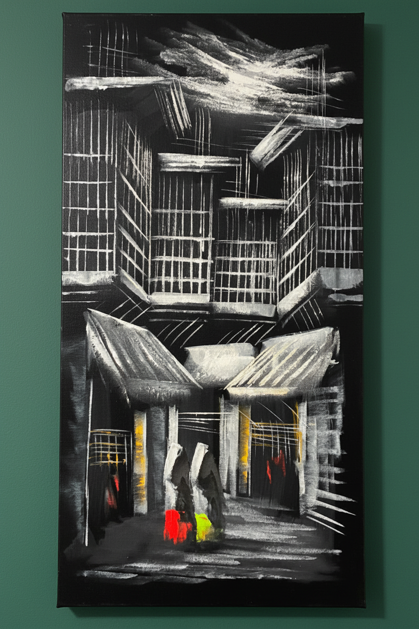 City Noir painting displayed on forest green wall