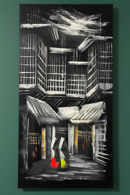 City Noir painting displayed on forest green wall