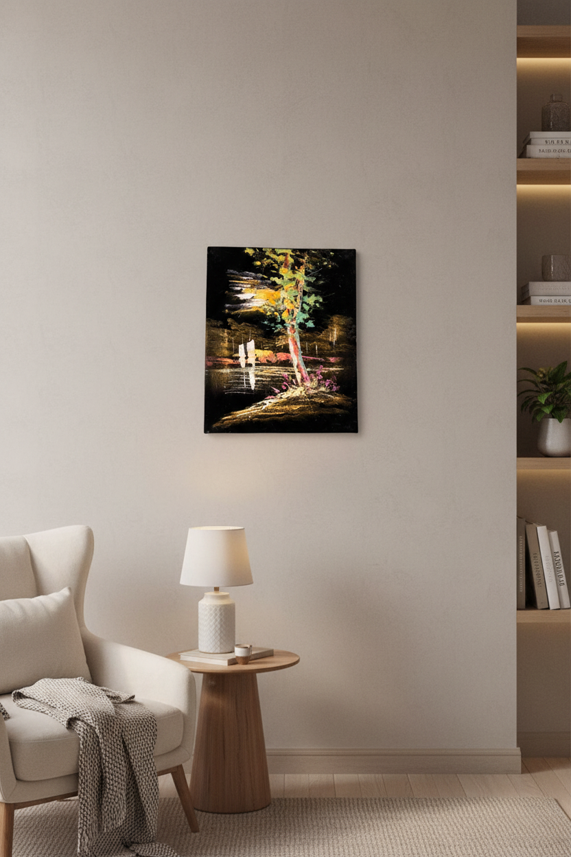 Glowing night riverside tree canvas art displayed in small cozy room lifestyle photo