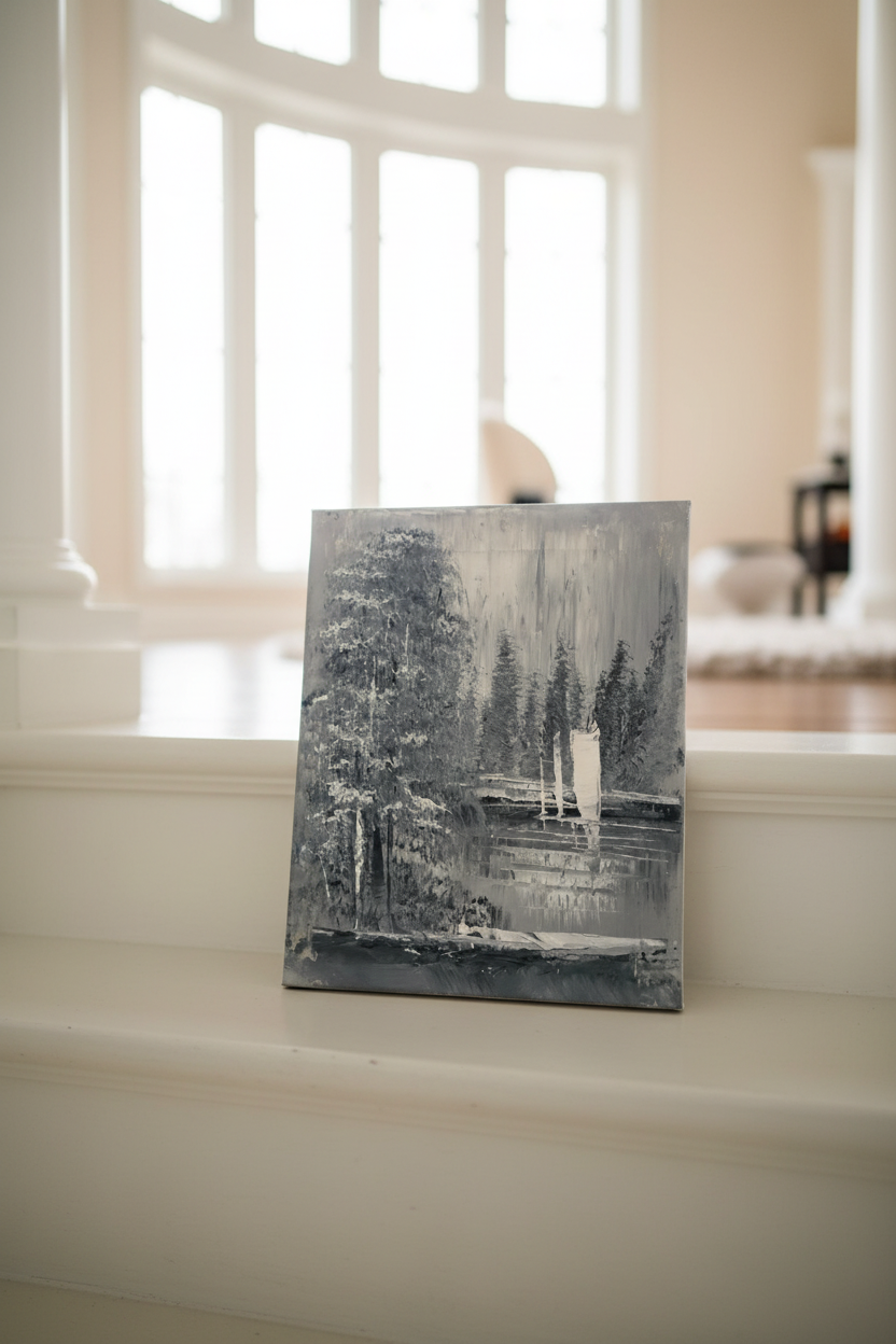 Original winter forest lake impasto oil painting leaning on marble staircase step in luxury home interior
