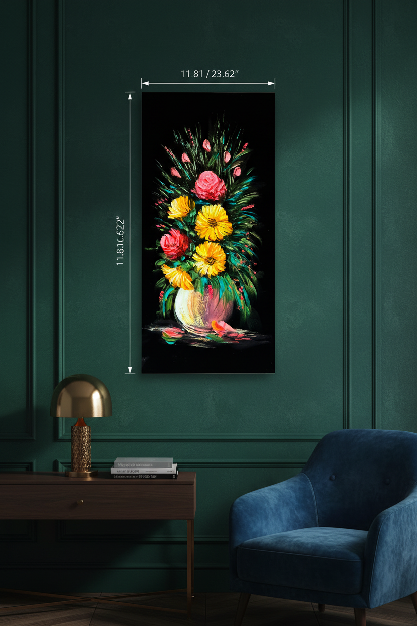 Original acrylic floral bouquet painting displayed unframed on a deep emerald luxury bedroom wall