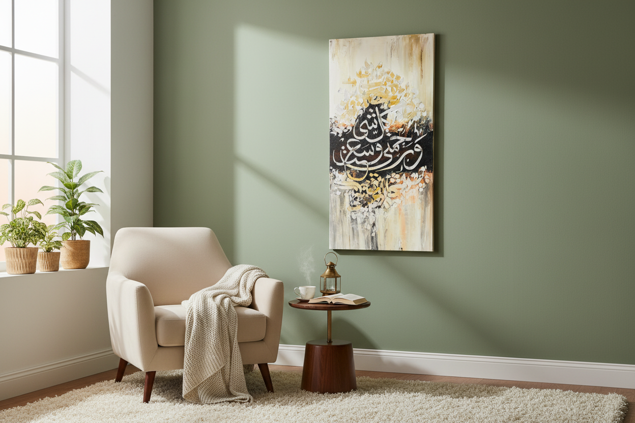 Surah Ar-Rahman Islamic calligraphy canvas art in a cozy sitting area – lifestyle mockup
