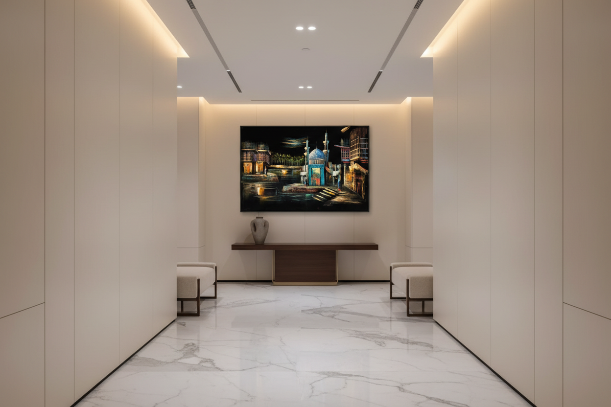 Iraqi old city mosque canvas art in upscale hallway — lifestyle interior mockup